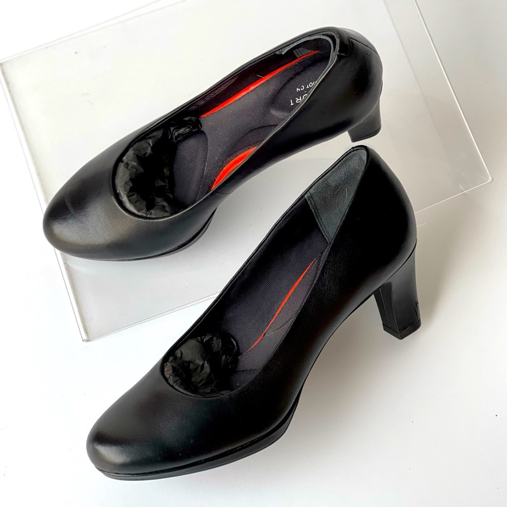Rockport Black Leather Heels Comfort Chunky Block Heel Pumps Slip On Shoes